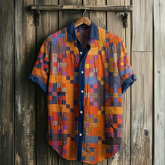 Men's Retro Amish Quilt Patchwork Short Sleeved Linen Shirt