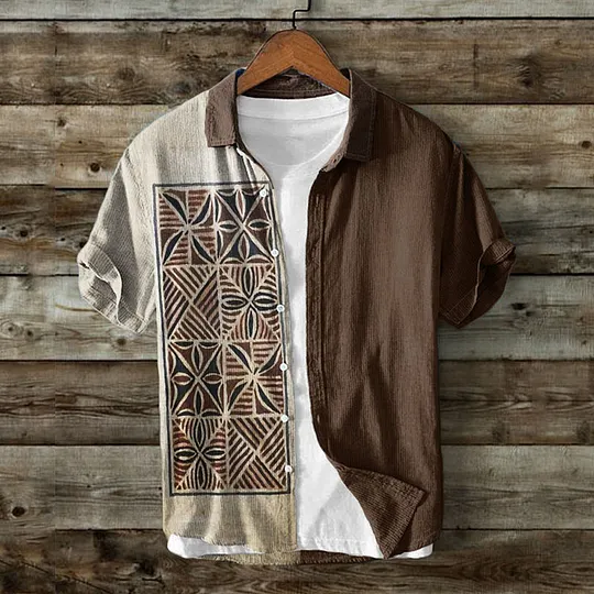 Men's Vintage Boho Geometric Contrast Color Linen Shirt