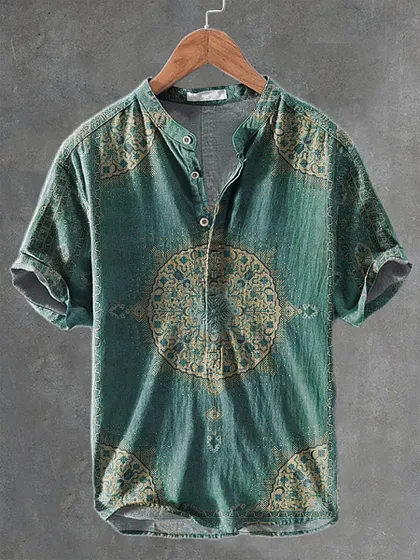 Unisex Retro Green Ethnic Pattern Vintage Print Casual Cotton And Linen Polo