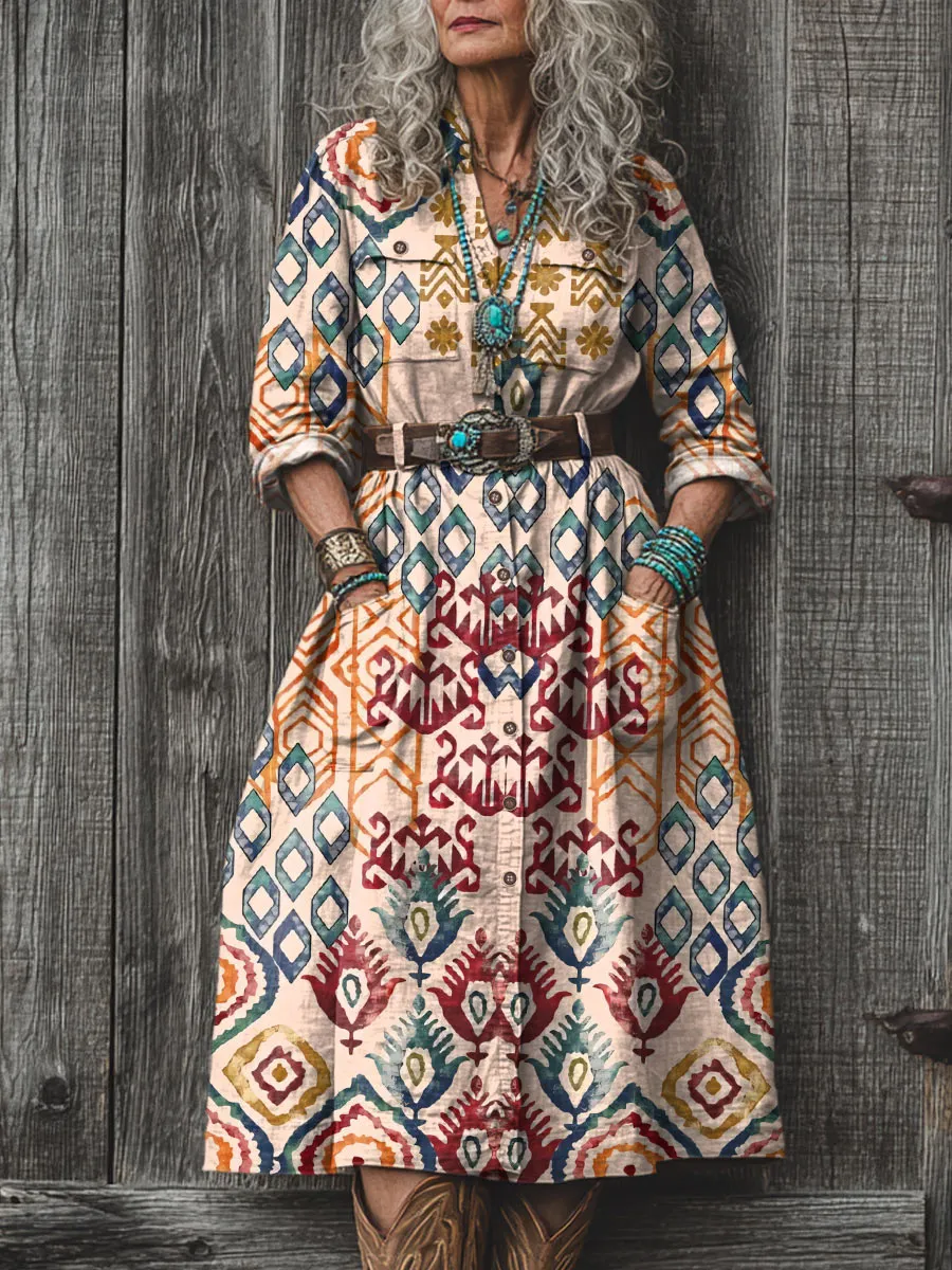  Women's Retro Ethnic Boho Print Dress 