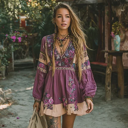  Women's Retro Ethnic Floral Long Sleeve Short Dress 