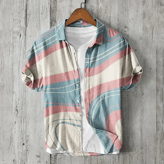 Trans Flag Inspired Wave Pattern Short Sleeve Linen Shirt