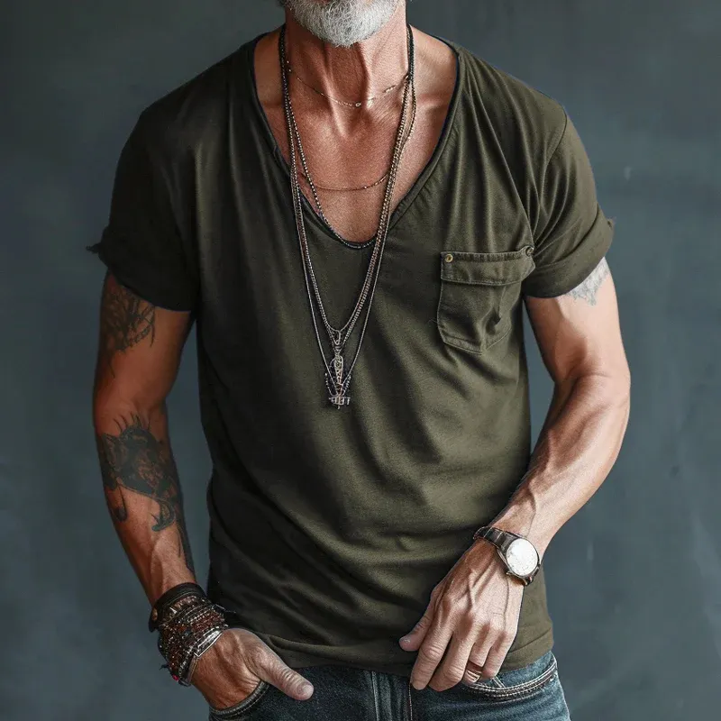 Men's V Neck Breast Pocket Short Sleeve Cargo T-Shirt