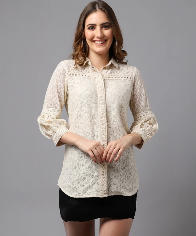 Women Regular Fit Self Design Club Collar Casual Shirt